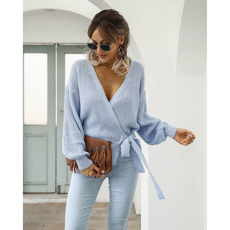 

Casual Knitted Cardigans Women Solid Lace-Up Lazy Wind Loose Sweater Women 21 New Autumn V Neck Elegant Cardigan Female CX2028