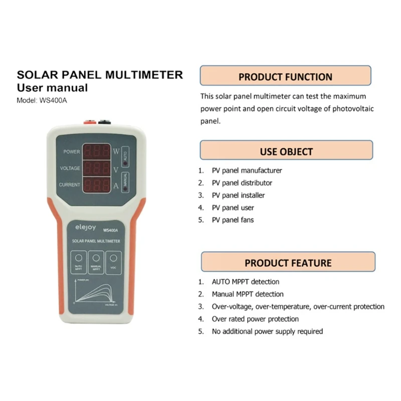 

Photovoltaic Panel Multimeter Solar Panel MPPT Tester Power Meter Ammeter Open Circuit Voltage Test WS400A Multimeter C7AC