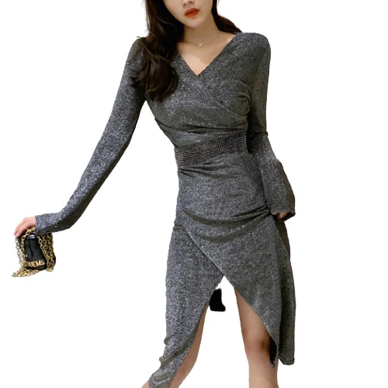 Возможно U люрекс v образный вырез сексуальное Асимметричное Платье До Колена