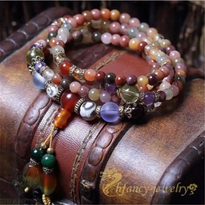 

6mm Natural Multi-Color Indian Agate Gemstone 108 Bead Mala Bracelet Reiki Wristband Fancy Buddhism Pray Elegant Chic Chakra