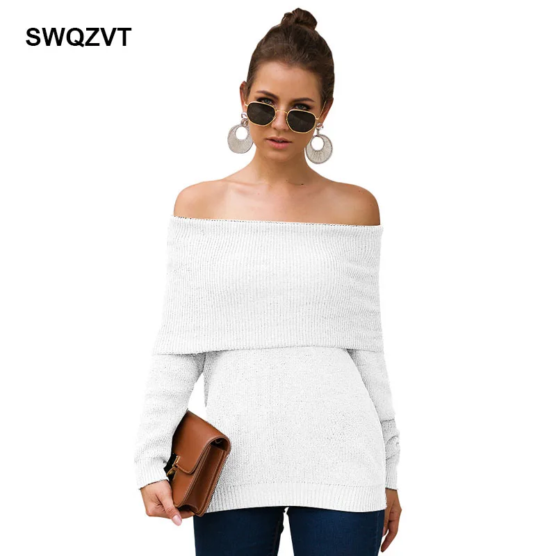 Женский трикотажный свитер облегающий пуловер с открытыми плечами на осень и