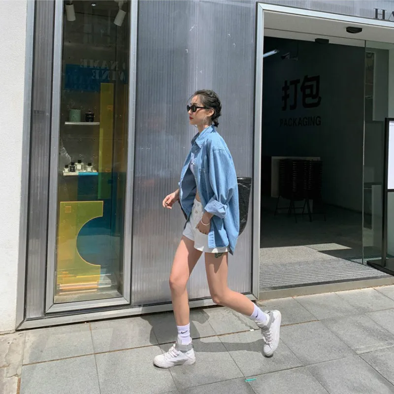 Универсальная Свободная Женская джинсовая рубашка в гонконгском стиле ретро с