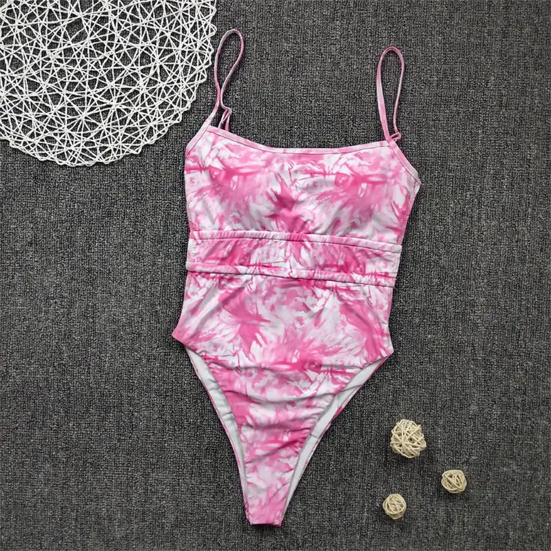 

Women Sexy One Piece Bikini Pink Gradient Tie-Dye Hollow Out Backless Swimsuit Strappy Bandage Ruched Push Up Monokini