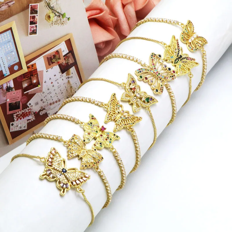 

10PCS, Gold Color Rainbow Butterfly Bracelets For Women Multicolor Adjustable Bracelet CZ Zirconia Jewelry