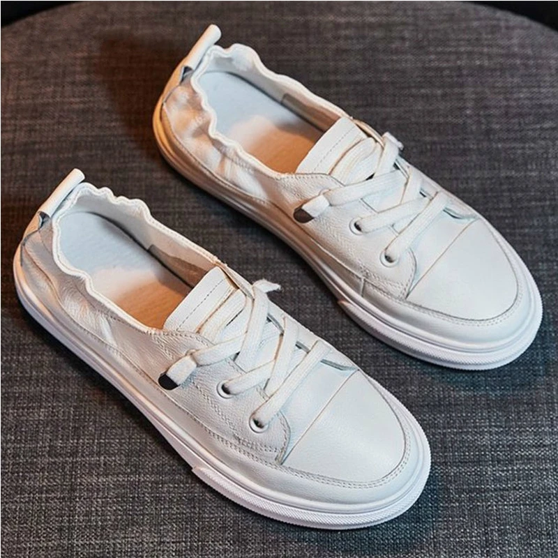 Women Comfy White Flats Pu Soft Leather Ladies Shoes Lace Up Casual Comfort Autumn Vulcanize Fashion Loafers Young Lace-Up