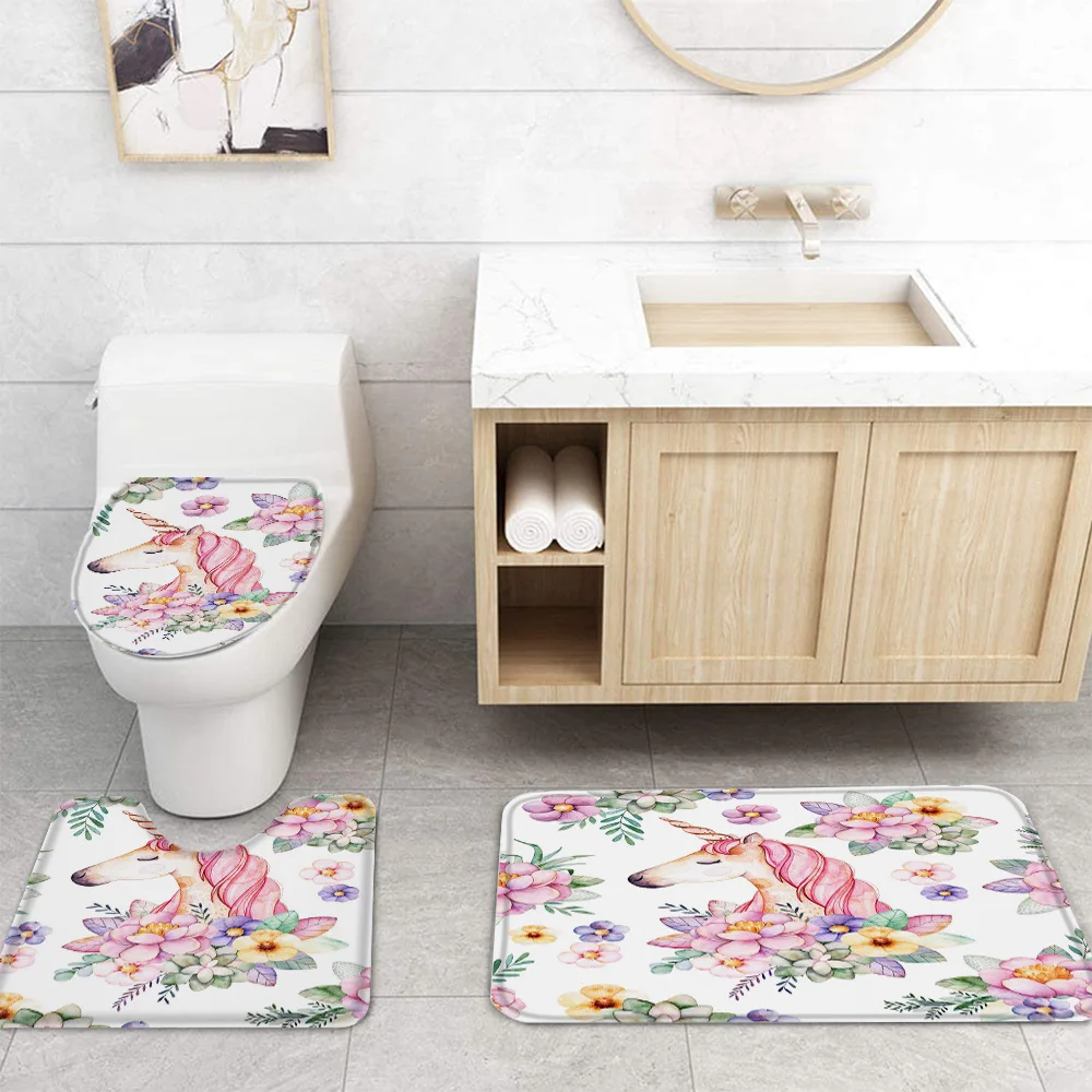 Занавеска для душа в ванную комнату с единорогом цветами зеленым розовым