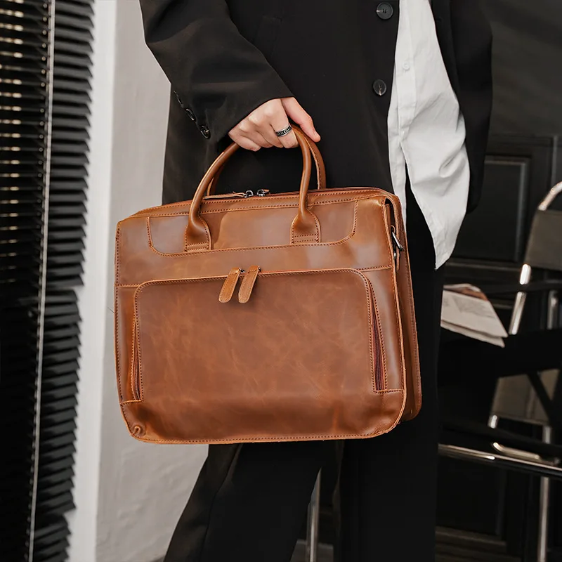 Men's Business Bag Genuine Leather Man Briefcase for Laptop 14 Messenger Cow Leather Bag Fashion Brown Shoulder Document A4 Bag