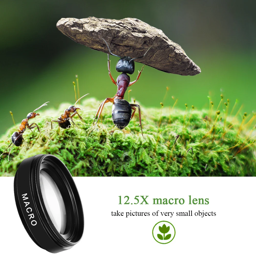 

2 Functions Mobile Phone Lens 0.45X Wide Angle Len & 12.5X Macro HD Camera Lens Universal for iPhone Android Phone