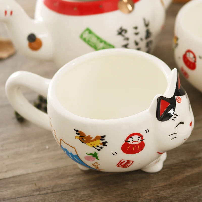 

Cute Japanese Lucky Cat Ceramic Tea Set Creative Lucky Cat Ceramic Tea Cup Pot with Strainer Cute Prutus Cat Teapot Mug