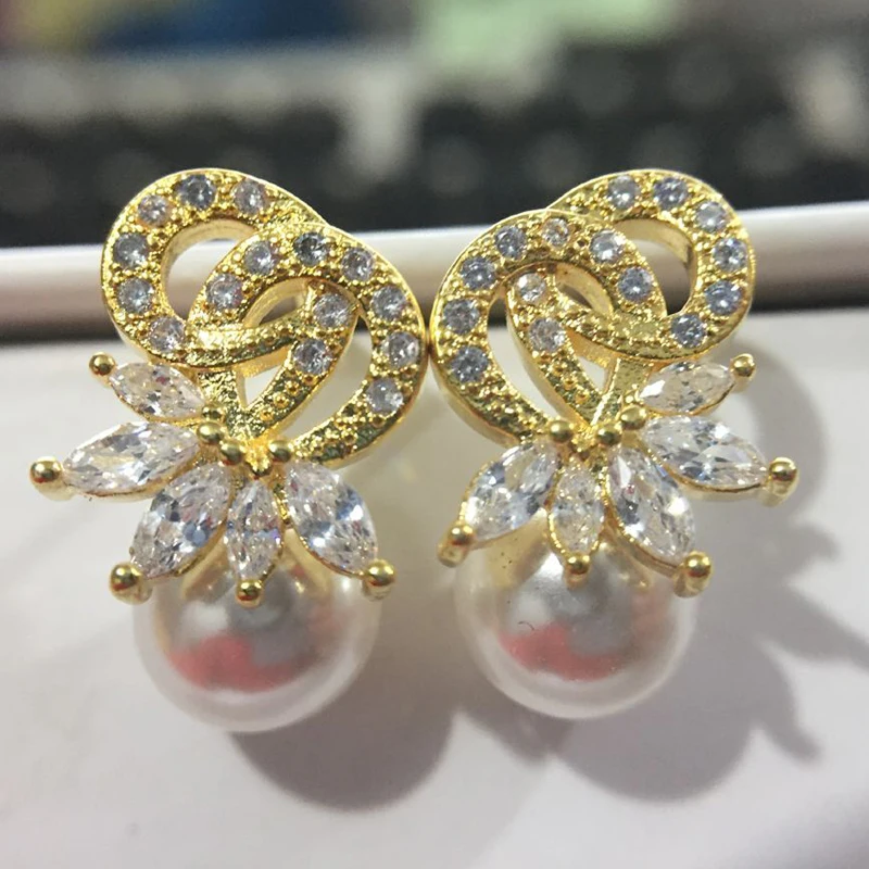 Yellow Gold Классические серьги-капли с искусственным жемчугом и цирконием маркизы для женщин, Роскошные вечерние свадебные ювелирные изделия с кристаллами, подарок brinco - Окраска металла: Yellow Gold