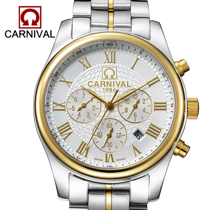 CARNIVAL Fashion New Men's Fake Three Stitches Calendar  Display Business Diamond Watches Automatic Mechanical Wristwatches 8827