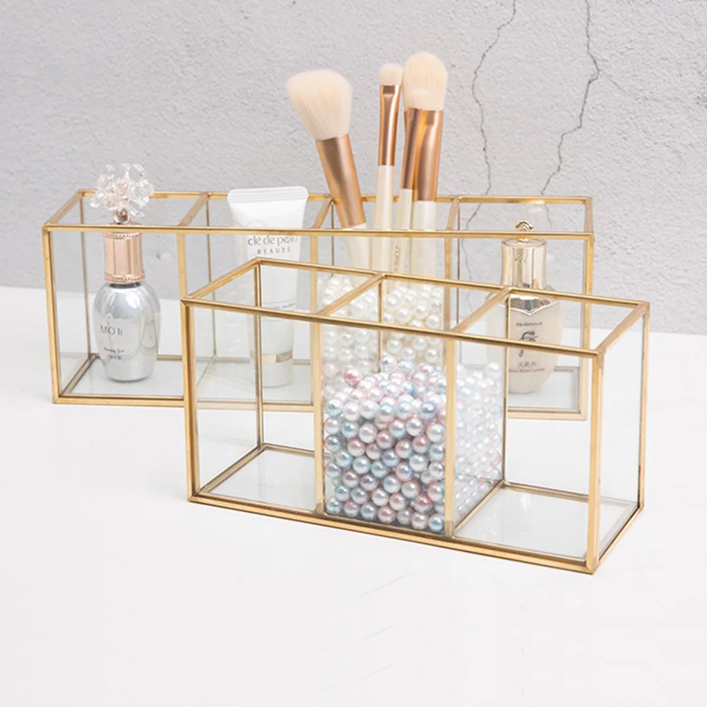 

Nordic Transparent Painting Grid Glass Flip Storage Tank Box Luxury Modern Cosmetics Storage Container Makeup Brush Storage
