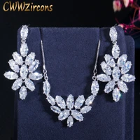 cwwzircons sparkling ice flower high quality white cubic zircon big long women party earring pendant necklace jewelry sets t399