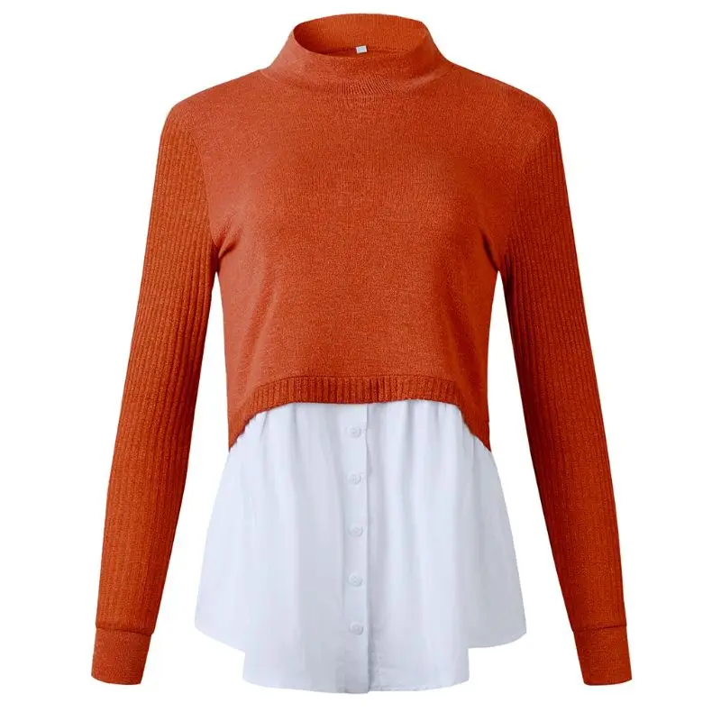 Женский Пуловер 2 в 1 стиле пэчворк топ ребристый свитер с длинными рукавами