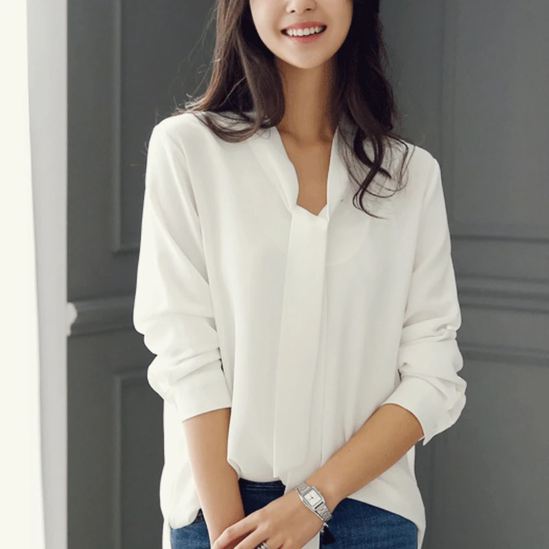 Blusas Mujer De Moda 2021 бантом и v-образной горловиной офисная блузка Топы Шифоновая