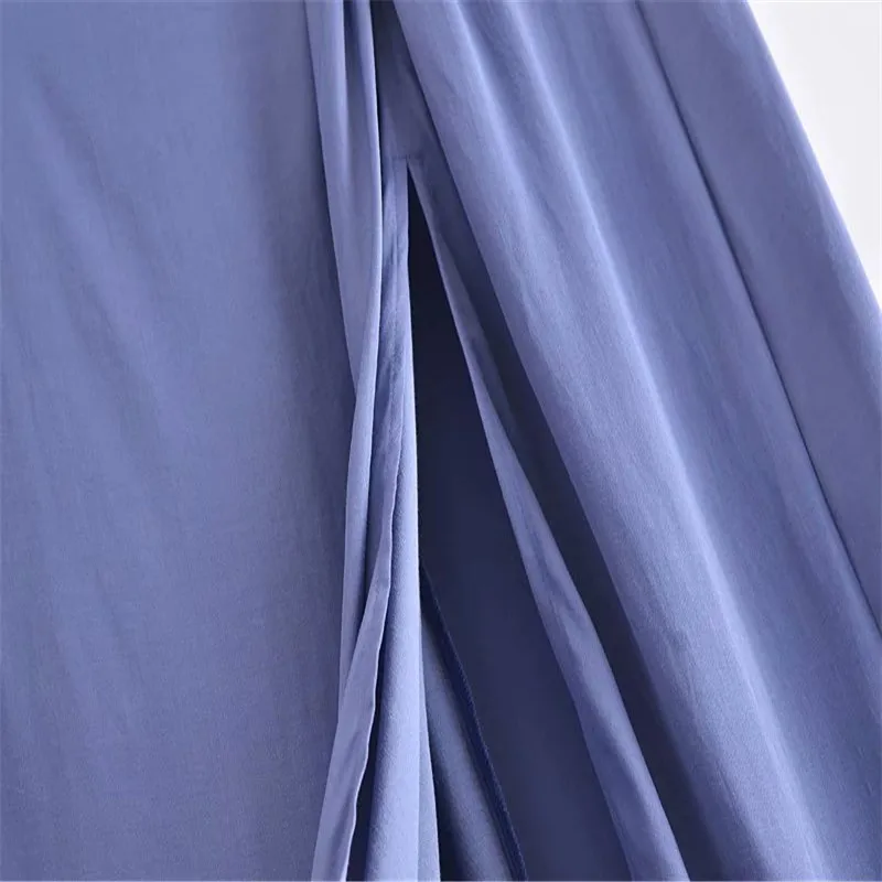 

2021 Za Satin Knotted Blue Skirt Women High Waist Front Slit Vintage Midi Skirts Woman Fashion Back Hidden Zip Pleated Skirt