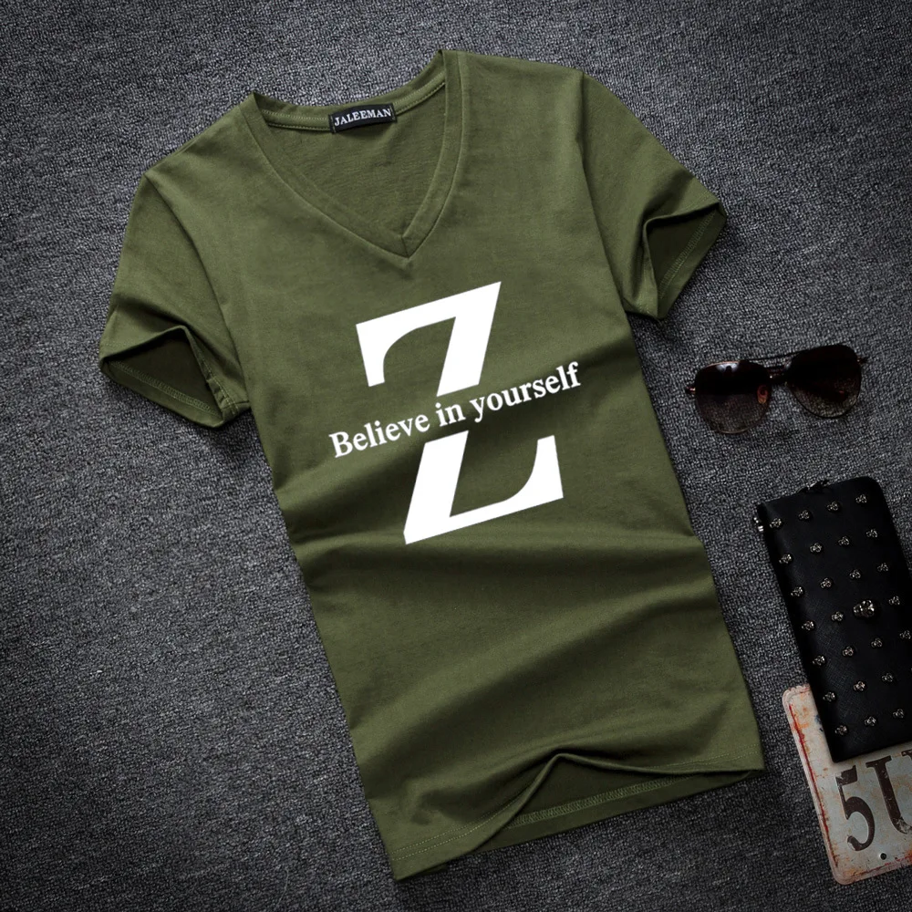 Мужская приталенная футболка с коротким рукавом и V образным вырезом|men summer|brand t