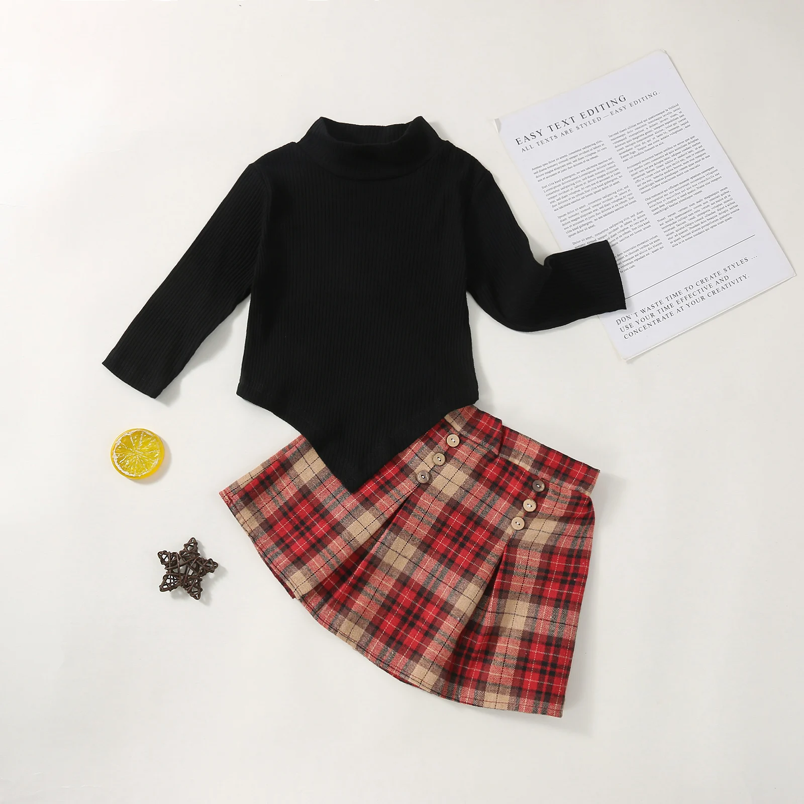 

2021 1-6Y Fashion Kids Baby Girl Clothes Set Black Solid Long Sleeve Top Pullover+Button Plaid Print A-line Skirt Fall 2pcs