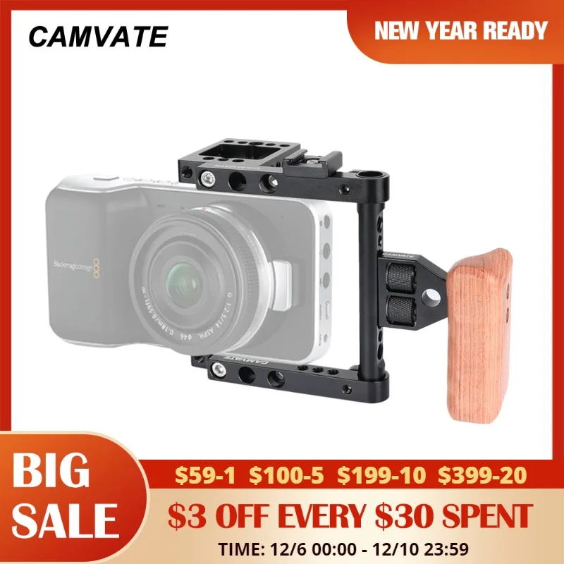 

CAMVATE Camera Half Frame Cage Rig With Wooden Left-Side Handle Grip & Hot Shoe Mount Perfect For Blackmagic Pocket 4K Cameras