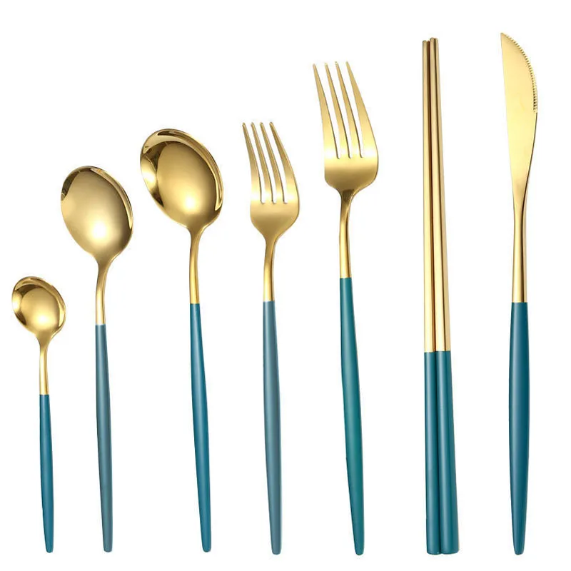 

Gold Western Dinnerware Set 30/24Pcs/6Set Tableware Sets Dishes Knifes Spoons Forks Chopsticks Set Stainless Steel Cutlery