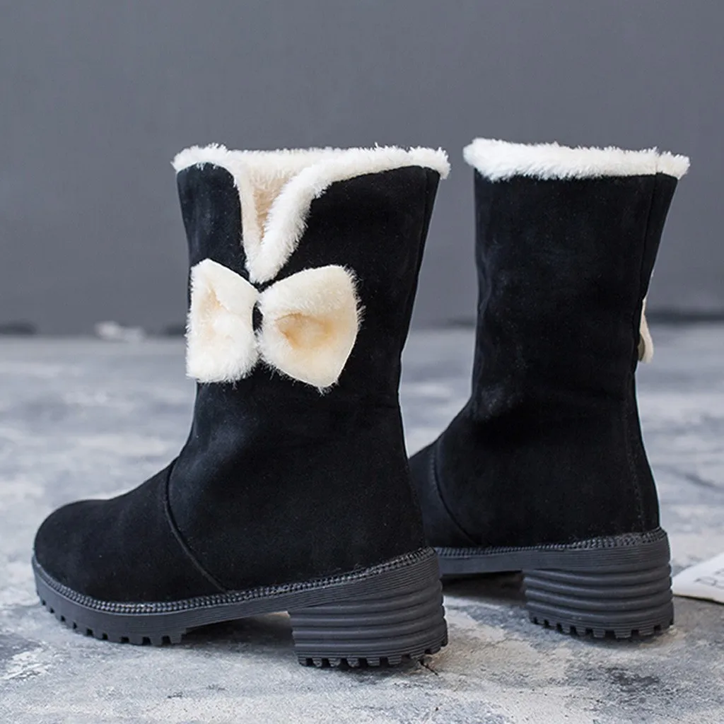 2019 женские зимние ботинки с круглым носком замшевые бантом Теплые ботильоны