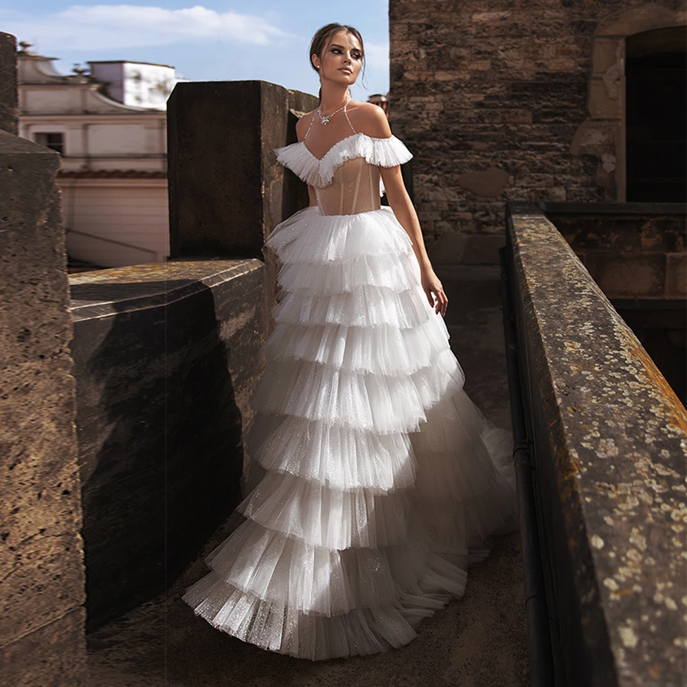 

Fascinating Halter A Line Wedding Dresses with Beads Sexy Sheer Top Ruffle Tiered Tulle Formal Bridal Gown Vestido de Noiva 2021