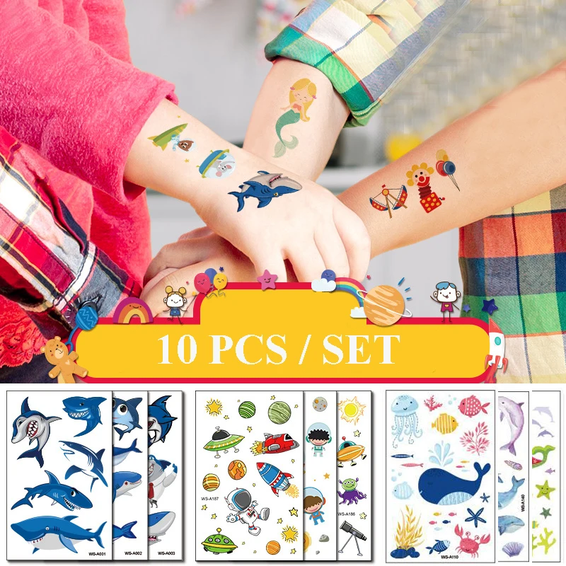 

10pcs Fake Tattoo Stickers Cartoon Temporary Tattoo Kids Children Hands Arm DIY Body Art Waterproof Fake Tattoos Stickers Set