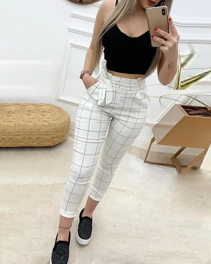 

High Waist Grid Paperbag Waist Casual Pants