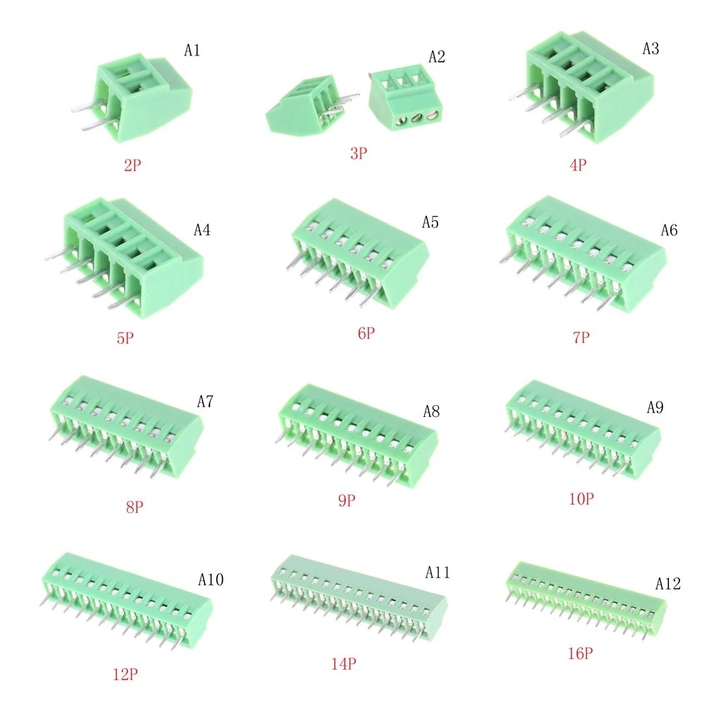 

2.54mm/0.1" Pitch PCB Screw Terminal Block Connector 2P 3P 4P 5P 6P 7P 8P 9P 10P 12P 16Pin Terminals 150V 6A For 26-18AWG Cable