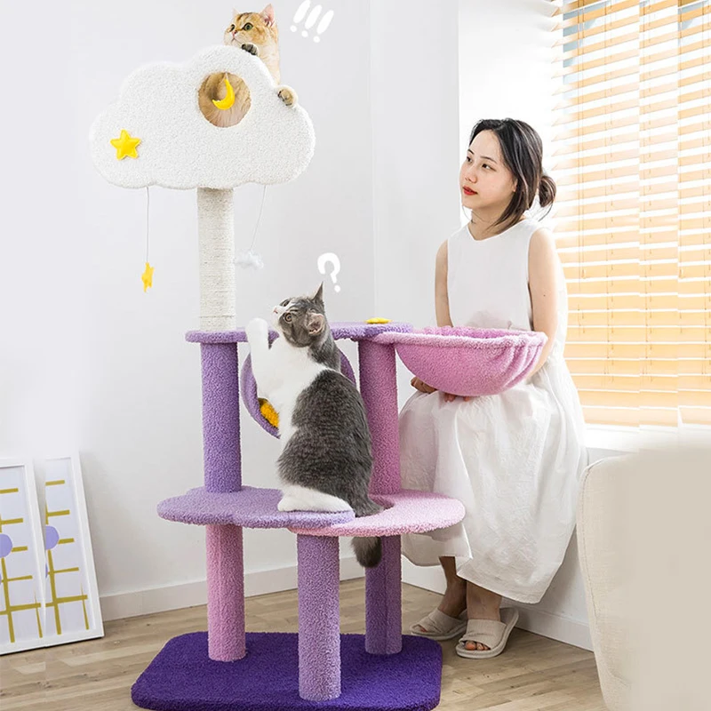 

Free Shipping Basics Cat Condo Tree Tower Pet Furniture with Hammock Bed Scratching Post Jumping Platform Violet Cats Tree House