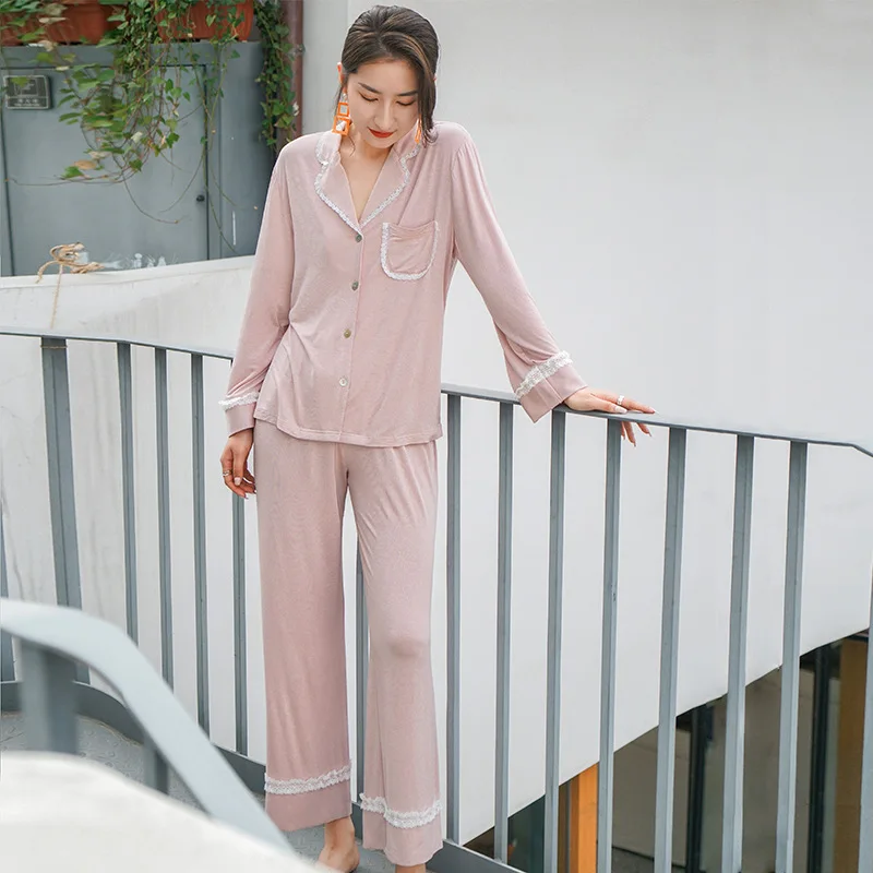 

2020 Summer Outside Wear Pajamas Women Spring Autumn Korean Style Lace Modal Home Suit Thin Skin-friendly Pocket Pajama Set