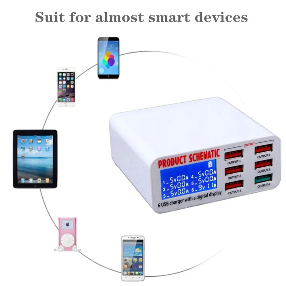 6-Port USB Smart Phone Charger LCD Large Screen Display Automatic Identification Voltage Current Mobile Phone Charging Station