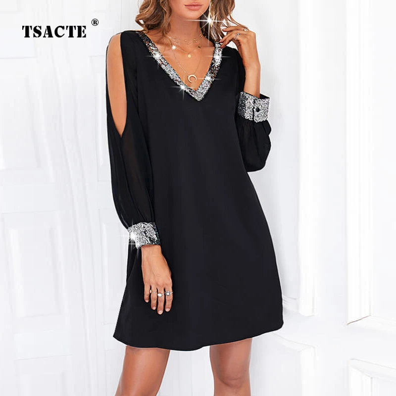 

Женское шифоновое мини-платье с открытыми плечами, V-образным вырезом и длинным рукавом