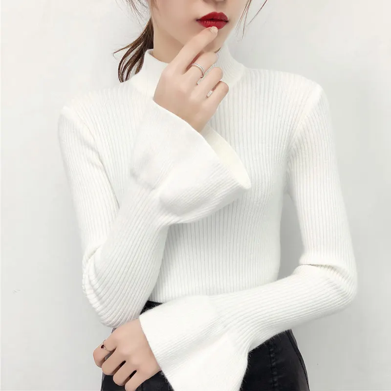 Half Turtleneck Women Sweater Korean Basic Pullover Autumn Winter New Thick Flare Sleeve Slim All Match Knitted Tops Pull Femme | Женская