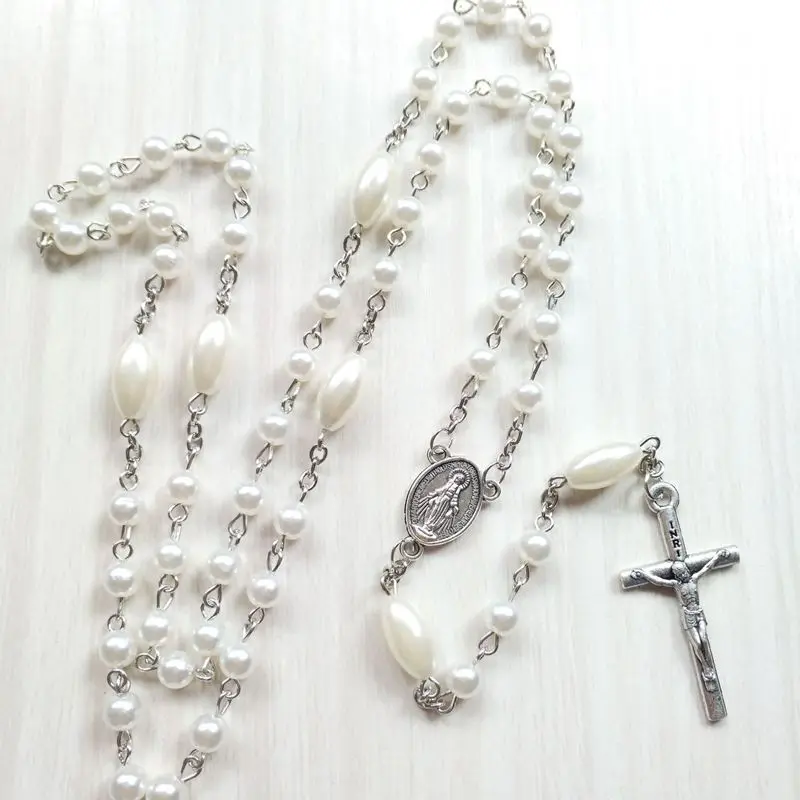 

QIGO Long White Acrylic Jesus Cross Rosary Necklace For Men Women Religious Jewelry