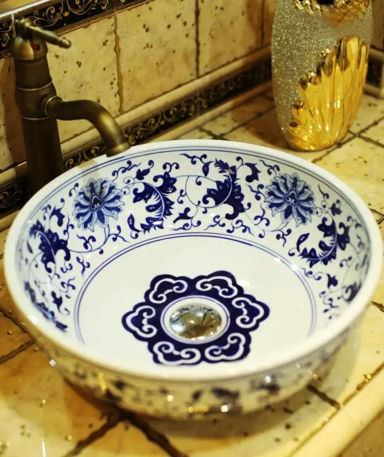 Китайская раковина вертикальная керамическая синяя и белая | Обустройство дома