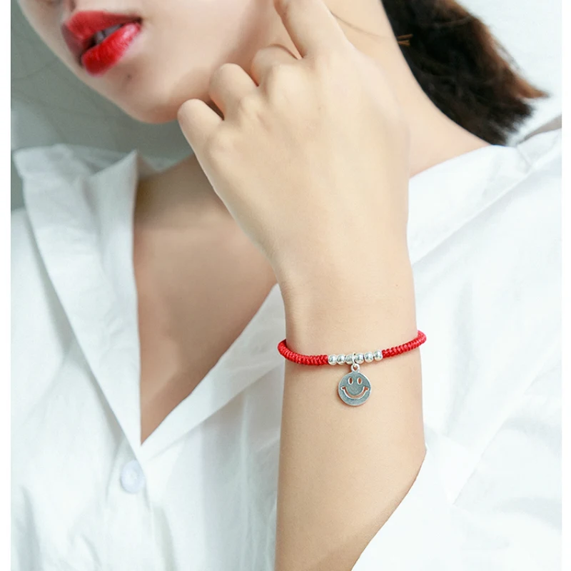 Женский красный браслет с улыбающимся лицом серебро 925 пробы|Гибкие и жесткие