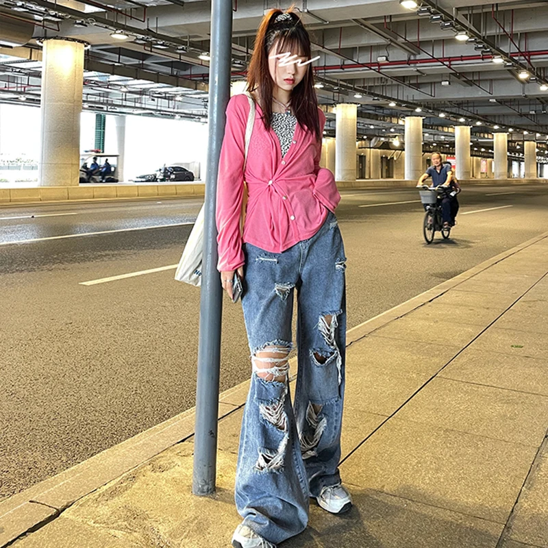 

Spring And Autumn women's ripped jeans high waist loose straight pants wide leg pants women's jeans Y2K high street jeans