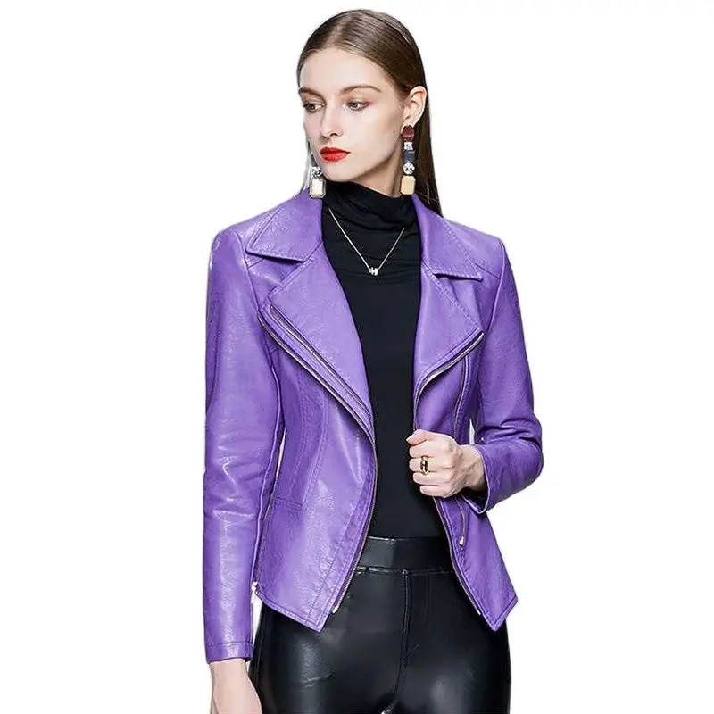 Purple Short Cool Small Suit Leather Jacket Female 2021 Autumn Slim Zipper Fashion Wild Motorcycle Black Jacket Women Tops B34