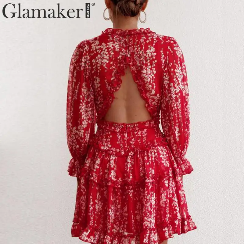 Glamaker, сексуальное платье с принтом, с рюшами, для женщин, Осенние, вечерние, короткое, элегантное платье, зима, фонарь, рукав, v-образный вырез, бодикон, платье с цветочным рисунком