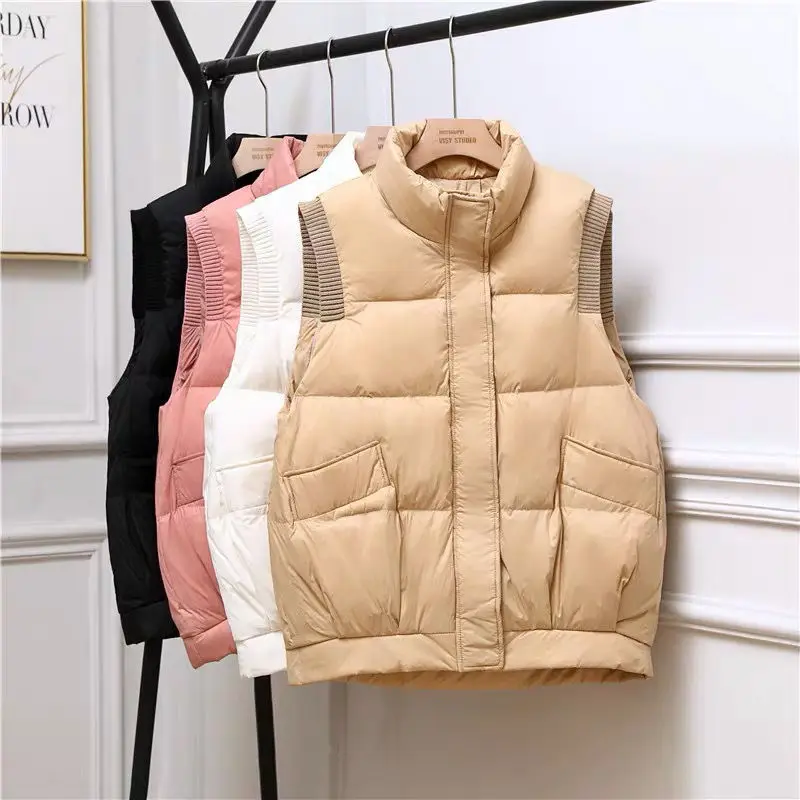 

Winter Warm Sleeveless Down Jacket Women Slim Vest Waistcoat White Duck Down Coat Threaded Shoulder Zipper Jacket