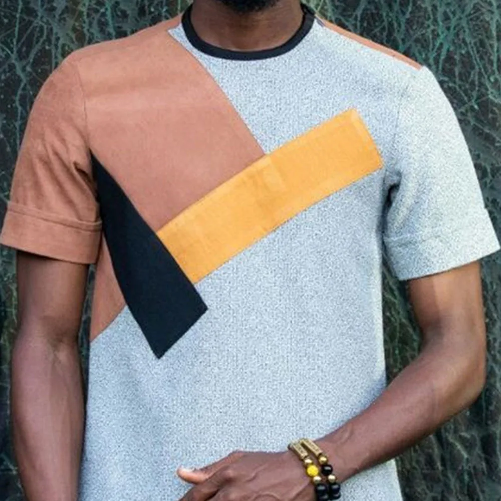 

Young Men Fashion Slim T-shirt Straight Color Block Short Sleeve Pullover Summer Top For Male Colthing Plus Size 2xl Tee Casual