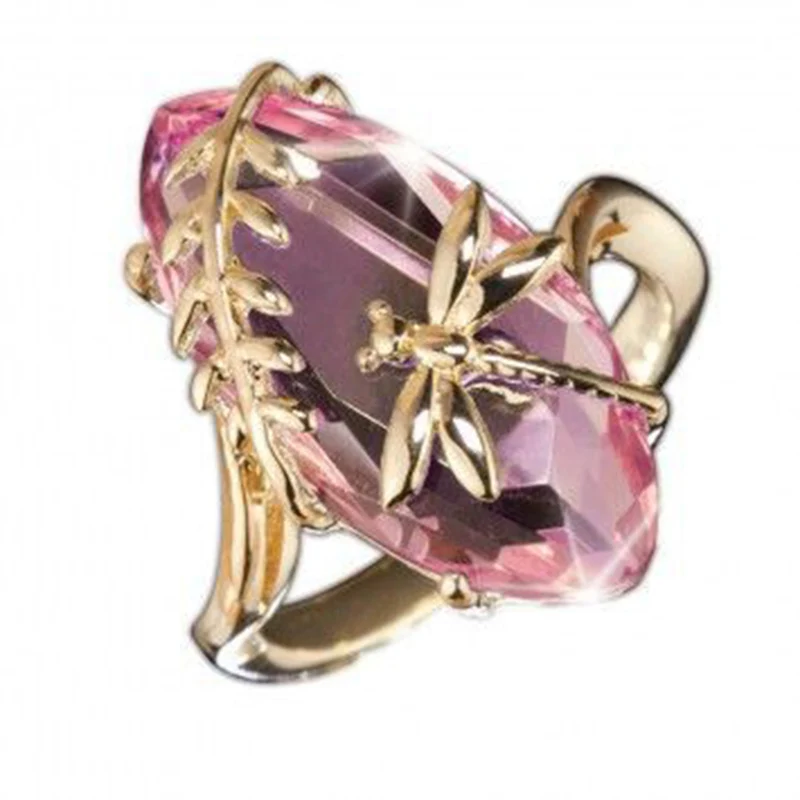 2018 Vintage Green Pink Stone Gold Dragonfly Rings Bague for Women Girl Anniversary Birthday Ring Gift Jewelry Shiny Anillos