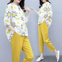summer women two piece set loose printed shirt tops pants suits office lady fashion sets womens clothes 2022 y126