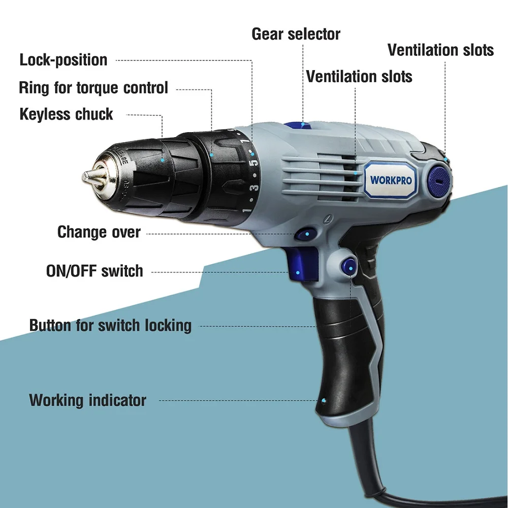 WORKPRO 300 Вт 10 мм 2 скоростная Coreded Drilldriver Электрическая дрель с 1 8 м шнуром питания