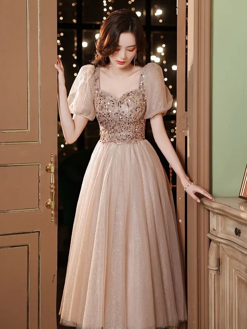 Classic Women Prom Dress Puff Sleeve Beading Sequins Tulle Princess Gowns Female Slim A-Line Banquet Dresses | Свадьбы и торжества