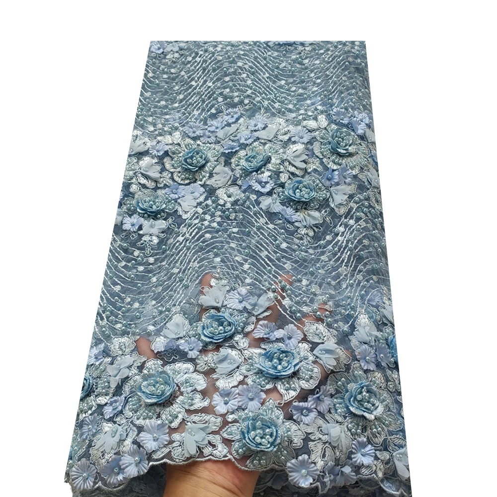 

Nice blue 3d flower design embroidery gauze fabrics beads tulle tissue perfect quality heavy wedding dress DIY mesh africa laces