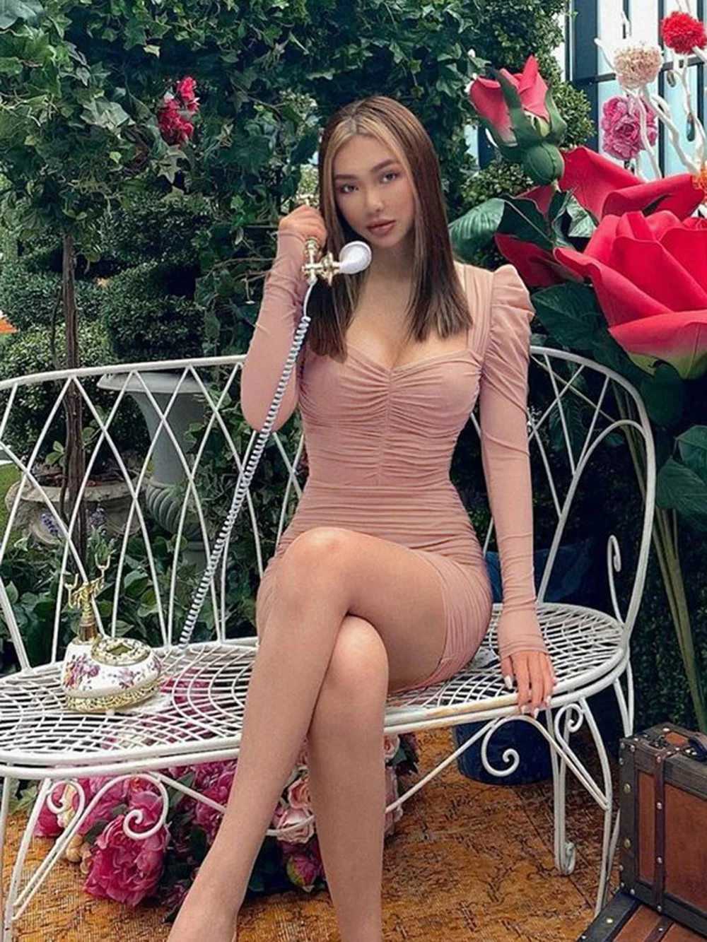 

#118 Sexy Pleated Dresses 2021 Spring Fashion Long Sleeve Square Collar Dress Elegant Solid Skinny Women's Dress