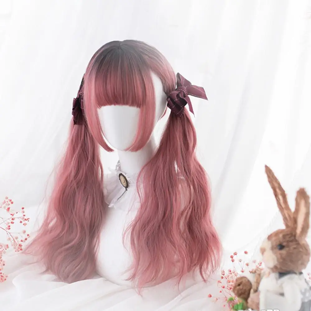 

CosplayMix Lolita Anime Cosplay Wig 50CM Long Black Mixed Pink Ombre Lady Natural Wavy Party Synthetic Heat Resistant Hair+Cap
