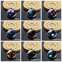 fashion 12 zodiac sign keychain astrology pendnat double side constellation art metal key chain car key ring christmas gifts